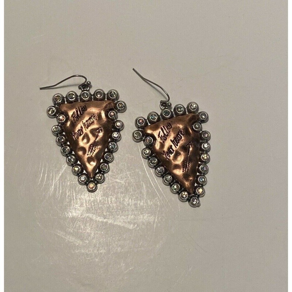 𝅺arrowhead Rhinestone Brass Pierced Dangle Earrings Follow Your Heart Triangle